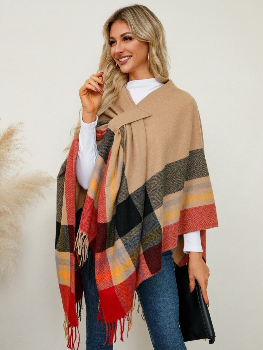 Beige Plaid Fringe Poncho Wrap - Picture 3 of 7